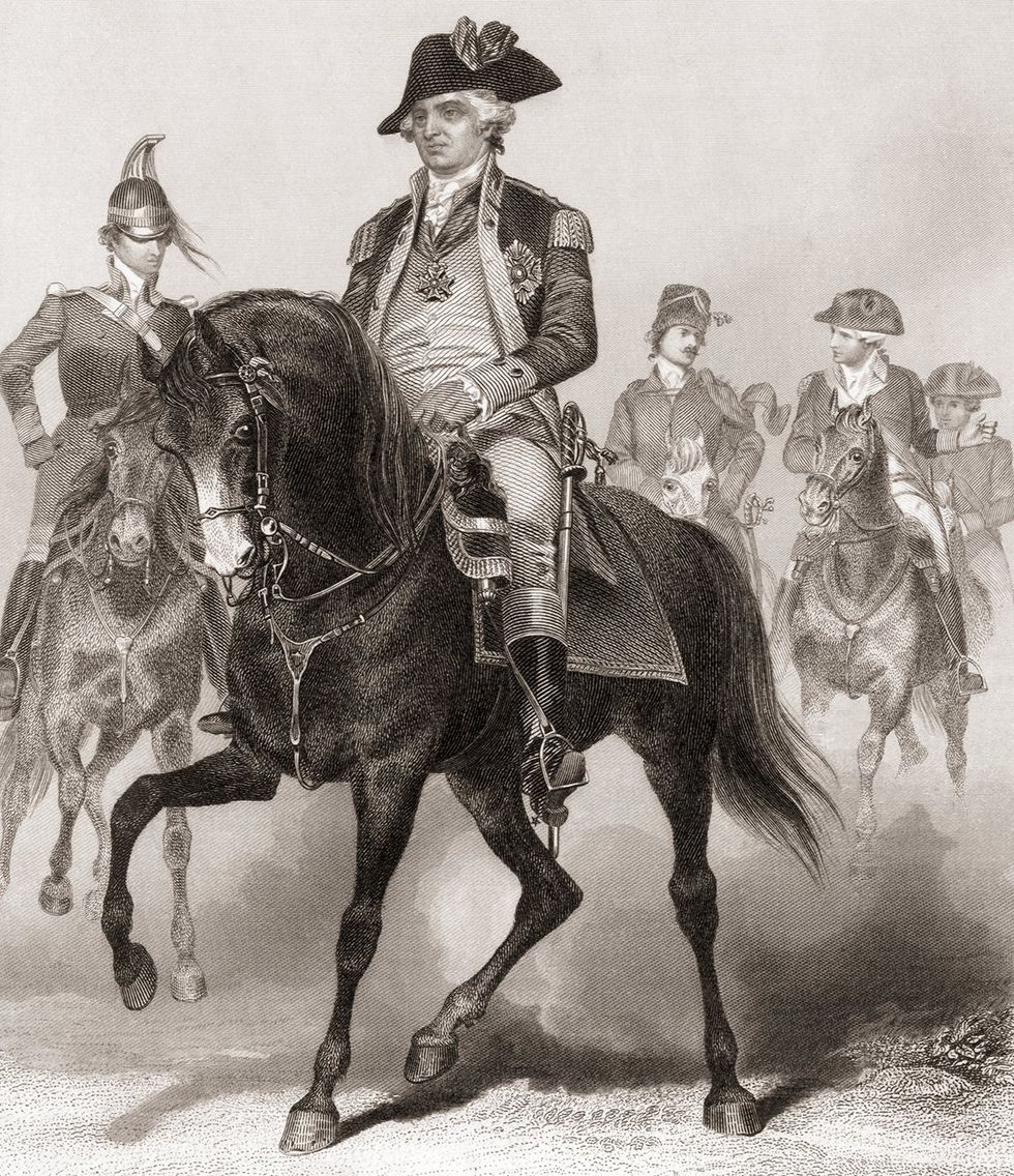 Major General Friedrich Wilhelm Ludolf Gerhard Augustin von Steuben Prussian born general in the American War for Independence, mounted on a horse.