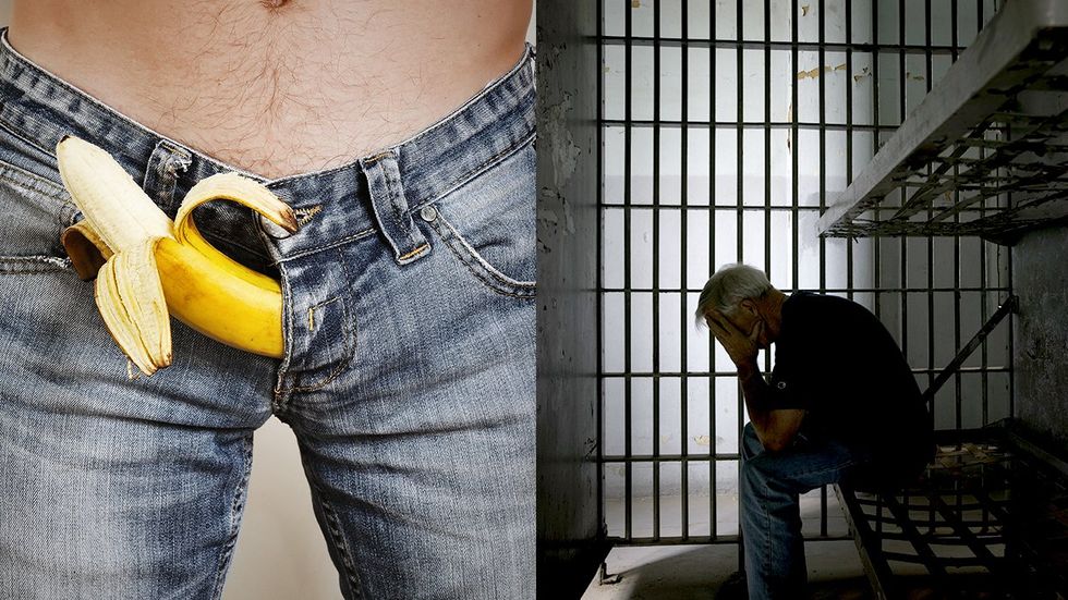 male adult porn star concept banana jeans sad prisioner old jail cell