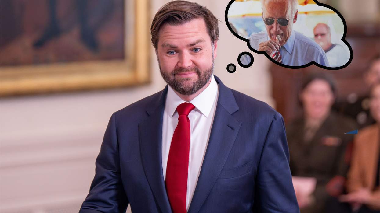 Man in suit with humorous thought bubble of another man eating an ice cream.