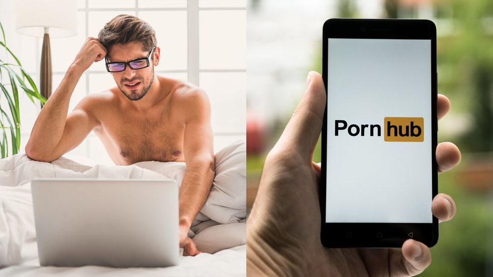 man with laptop phone with porn hub logo