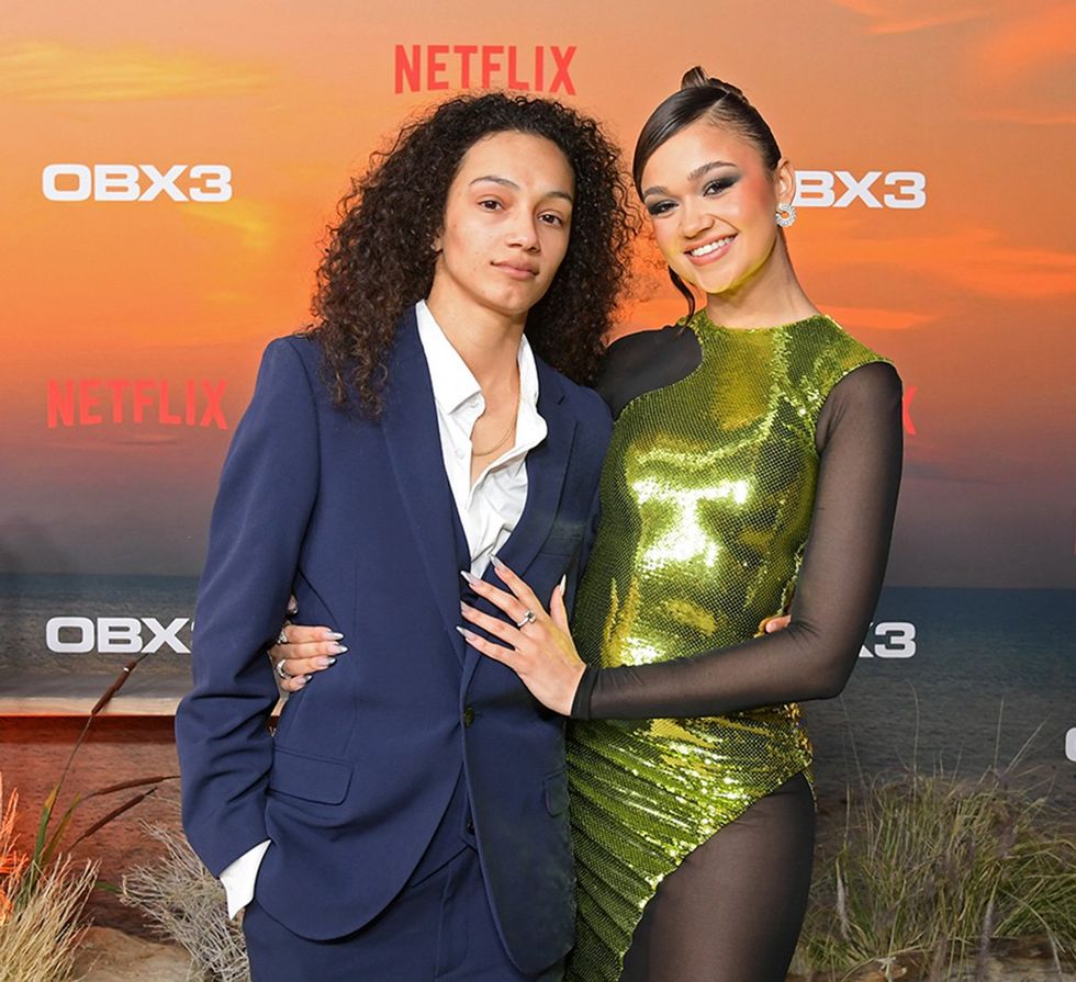 Mariah Linney and Madison Bailey attend the Netflix Premiere of Outer Banks Season 3 at Regency Village Theatre on February 16, 2023 in Los Angeles, California.