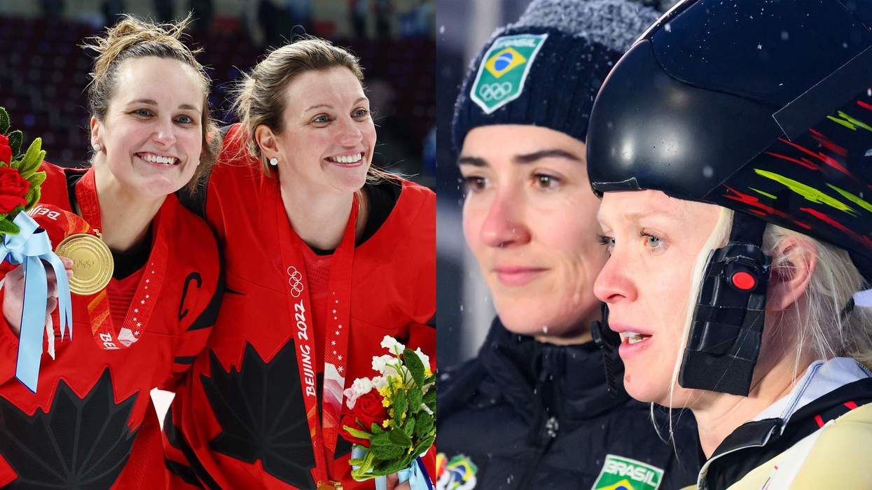 Marie-Philip Poulin and Laura Stacey; and Kim Meylemans and Nicole Silveira