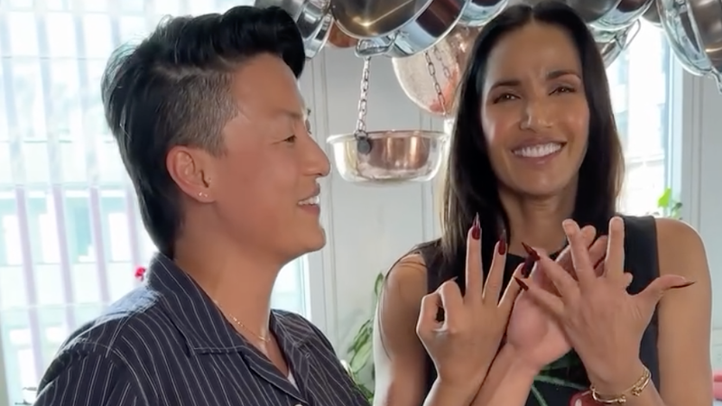 Melissa King and Padma Lakshmi showing off her manicure