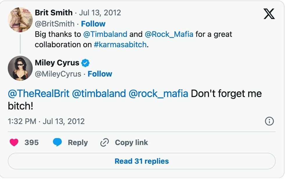 Miley Cyrus Brit Smith Karma tweet