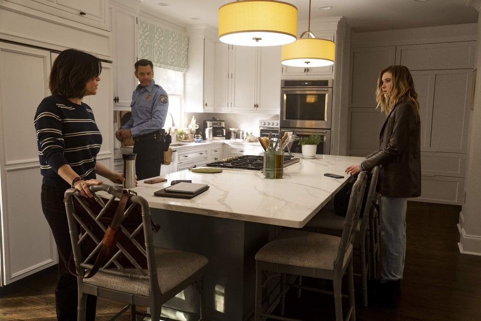 Neve Campbell, Joel McHale, and Isabel May in Scream 7.