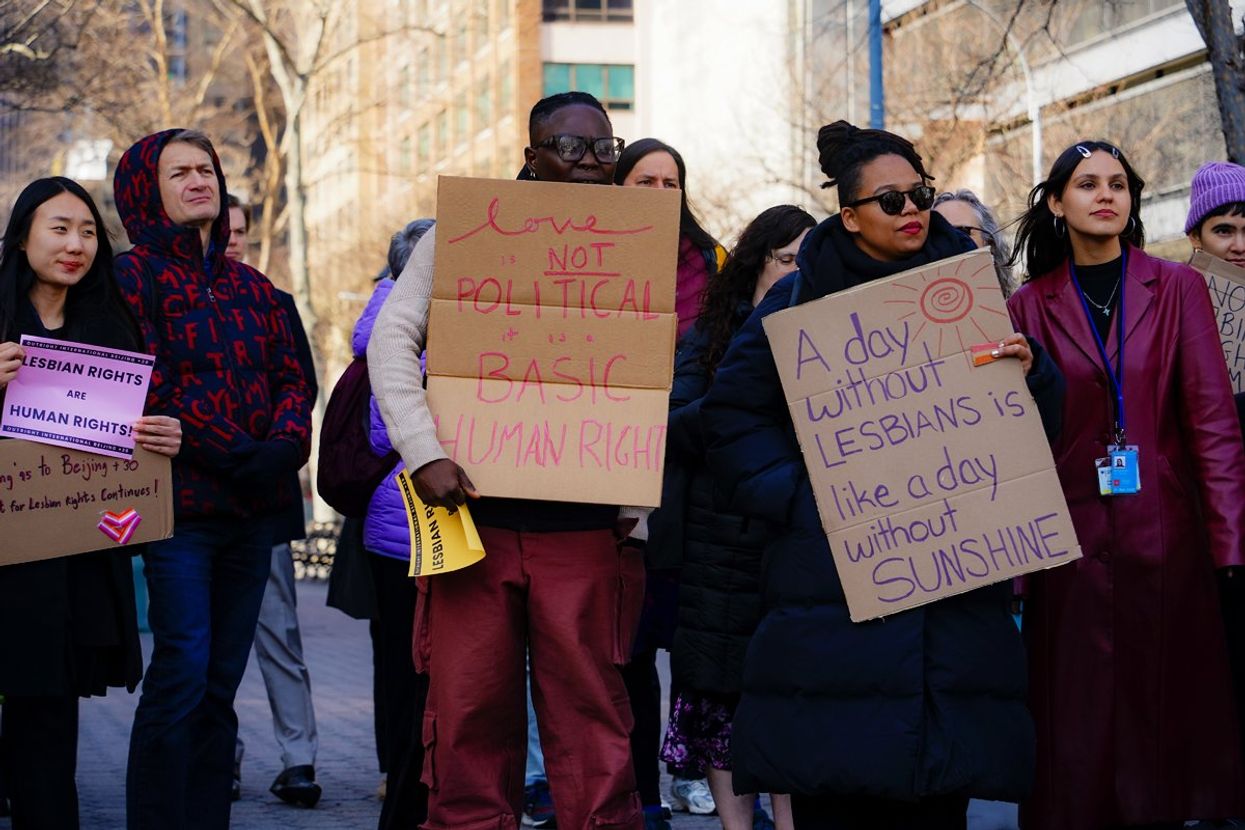 NYC Lesbians Unite Rally UN Dag Hammarskjold Plaza organized by Outright International