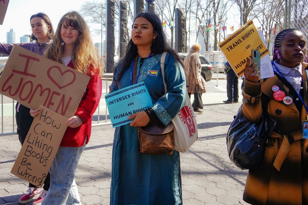 NYC Lesbians Unite Rally UN Dag Hammarskjold Plaza organized by Outright International