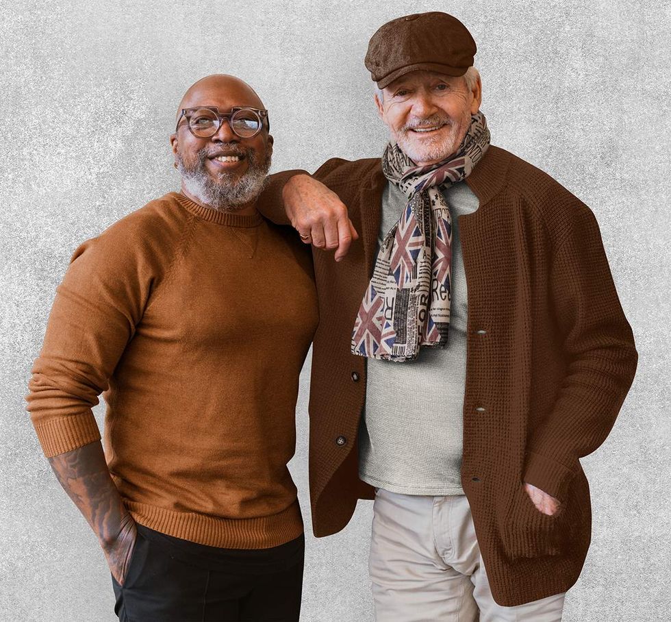 older gay couple with silver beards