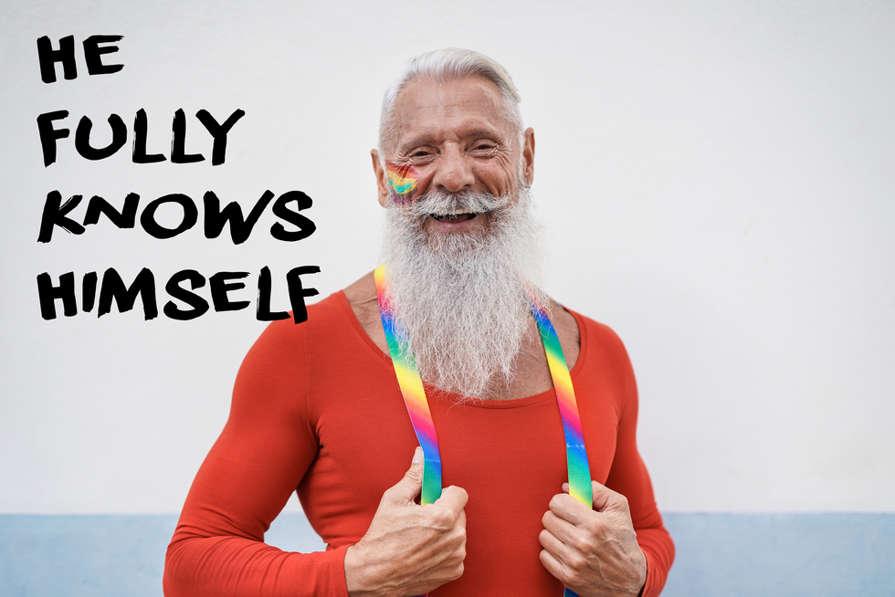 older man with rainbow suspenders