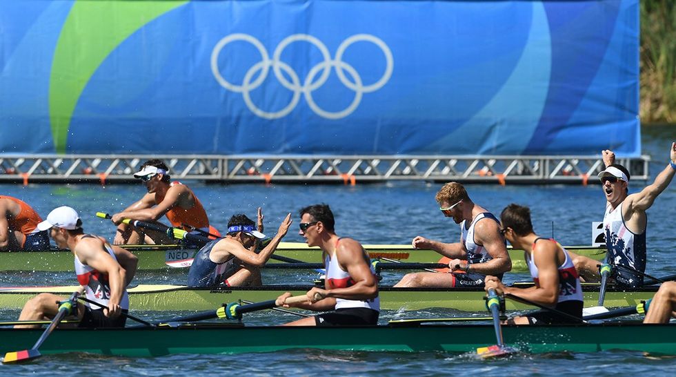Olympic rowing team USA celebrates after winning gold medal Final race Mens Rowing event Rio 2016 Olympic Games