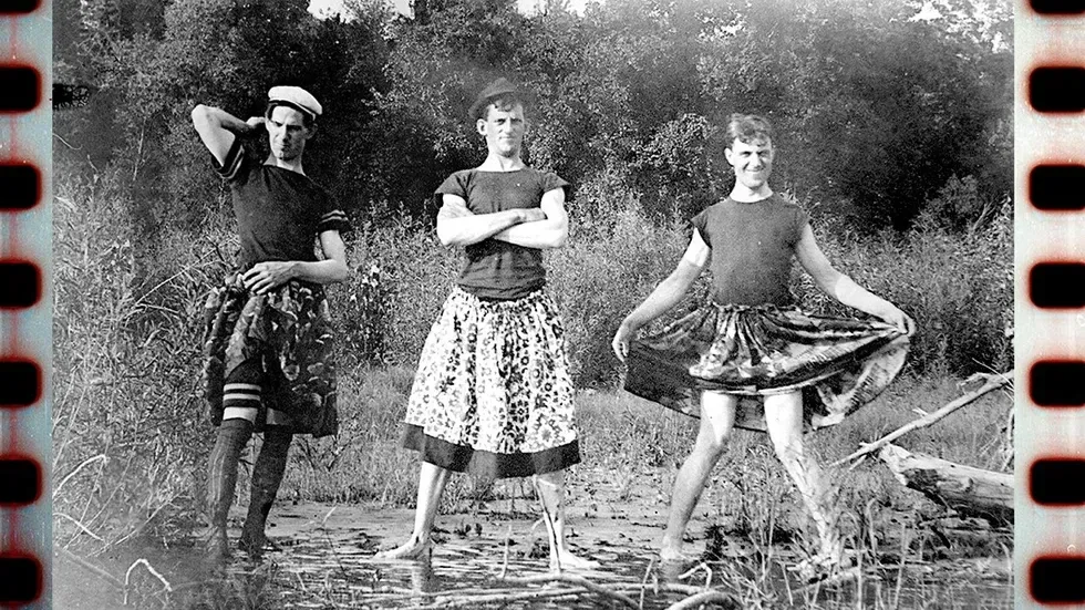 OPED everything drag is new again pictured Three crossdressing men show off their finest skirts circa 1905