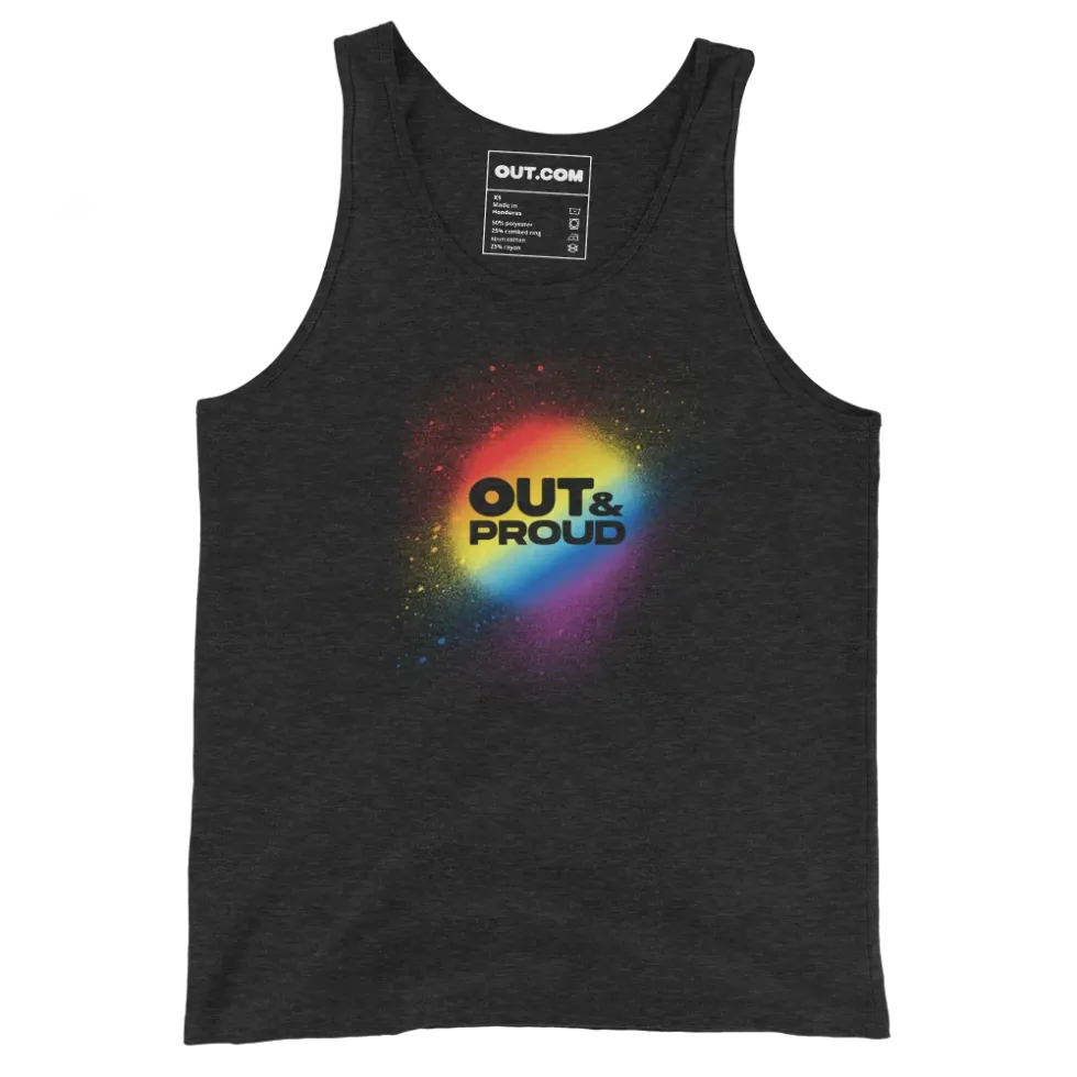 OUT MAGAZINE - OUT & PROUD RAINBOW SPRAY TANK TOP (CHARCOAL-BLACK TRIBLEND)