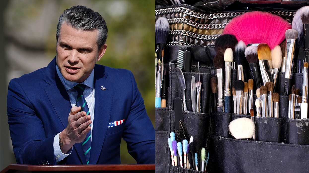 Pete Hegseth speaking at a podium at the US Army War college alongside makeup artist brush tool kit
