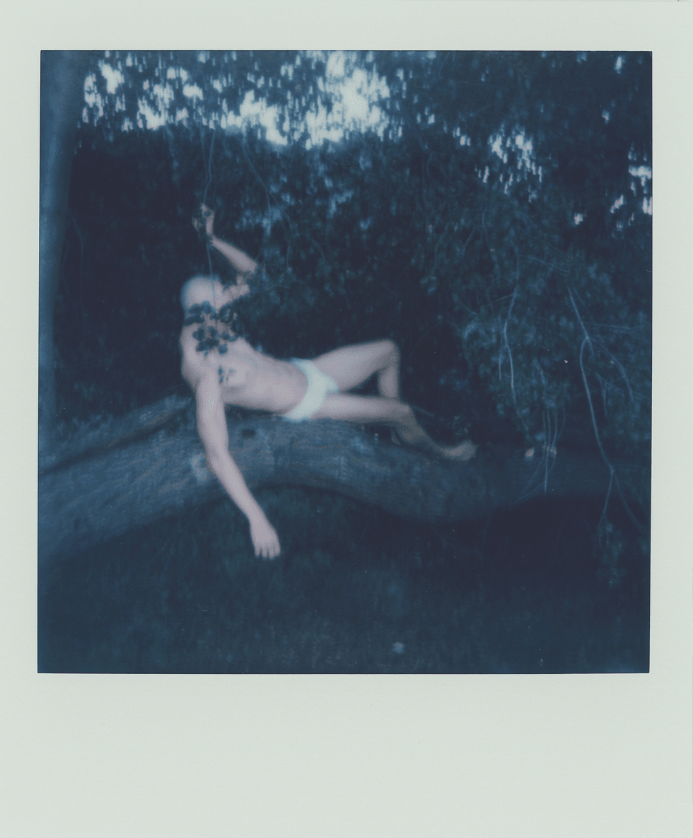 Polaroid image of a man reclining outdoors on a tree trunk.