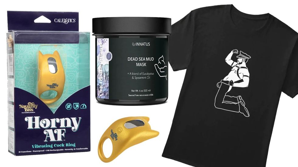 PRIDE STORE Valentines Day Favorite Products CALEXOTICS NAUGHTY BITS HORNY AF VIBRATING COCK RING INNATUS SKIN REFRESH DEAD SEA MUD FACE MASK JUSTMIKEYSART LEATHER DADDY BULGE TSHIRT