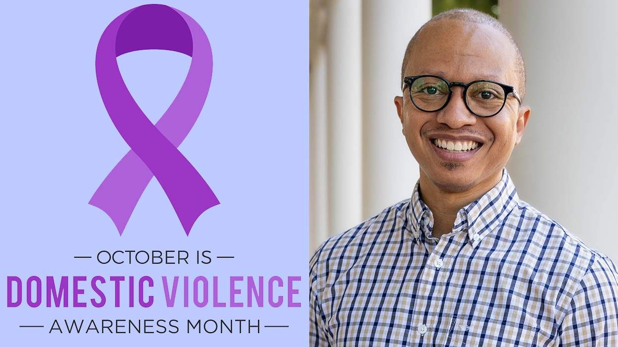 Purple ribbon for october domestic violence awareness month alongside OPED author Dr Clarence McFerren