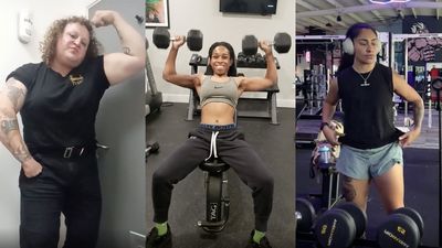 Queer women flexing and lifting weights