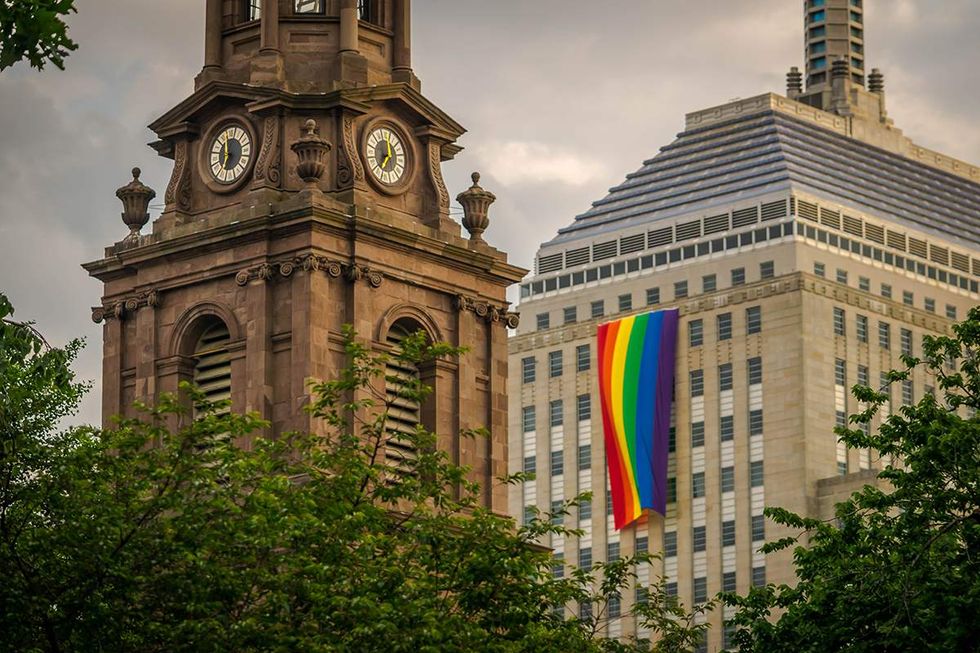 rainbow pride flag in downtown Boston for LGBTQIA pride month 2018