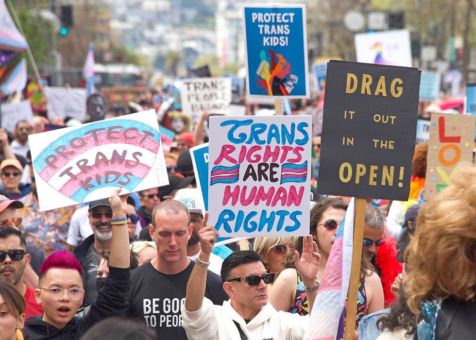 San Francisco 2023 Drag Up Fight Back protest protect trans kids signs