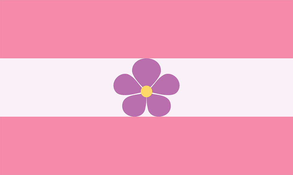 Sapphic Pride Flag. The flag has two pink stripes on the top and bottom, symbolizing love. In the center, there is a violet, which was historically given between women to symbolize their sapphic love.