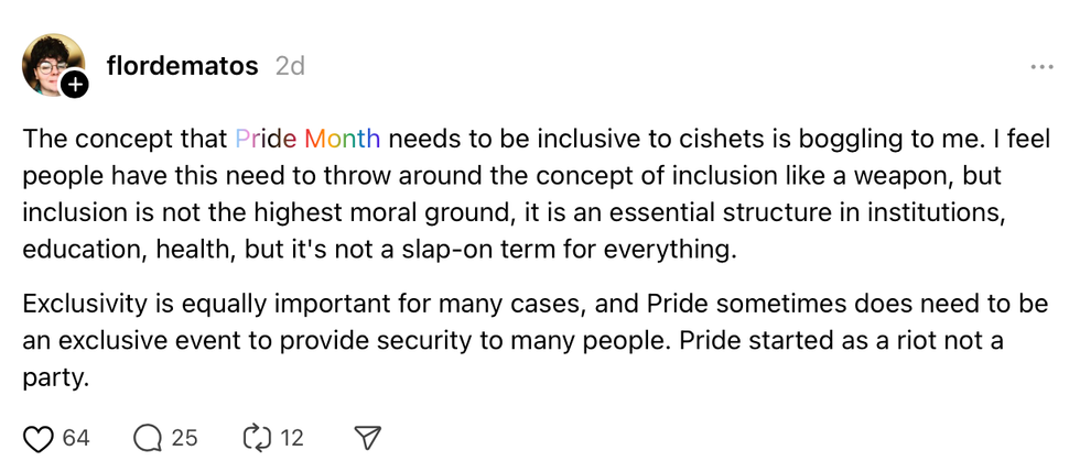 Screenshot of a Threads post about cishet men at Pride