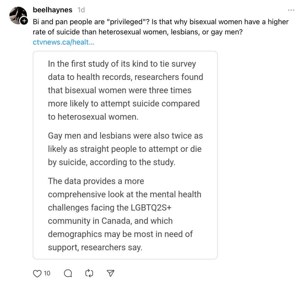 Screenshot of a Threads post about cishet men at Pride