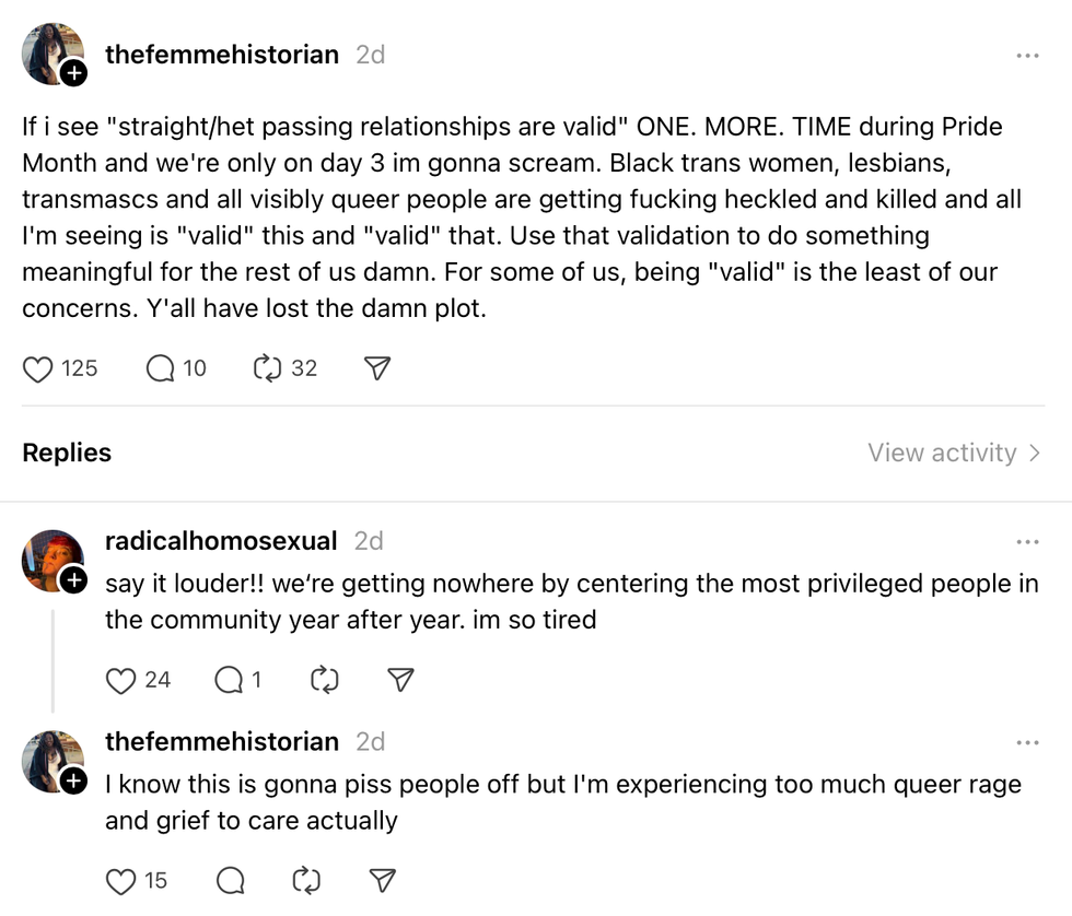 Screenshot of a Threads post about cishet men at Pride