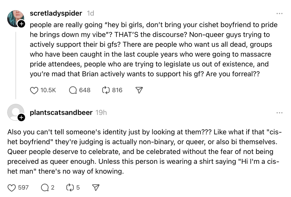 Screenshot of a Threads post about cishet men at Pride