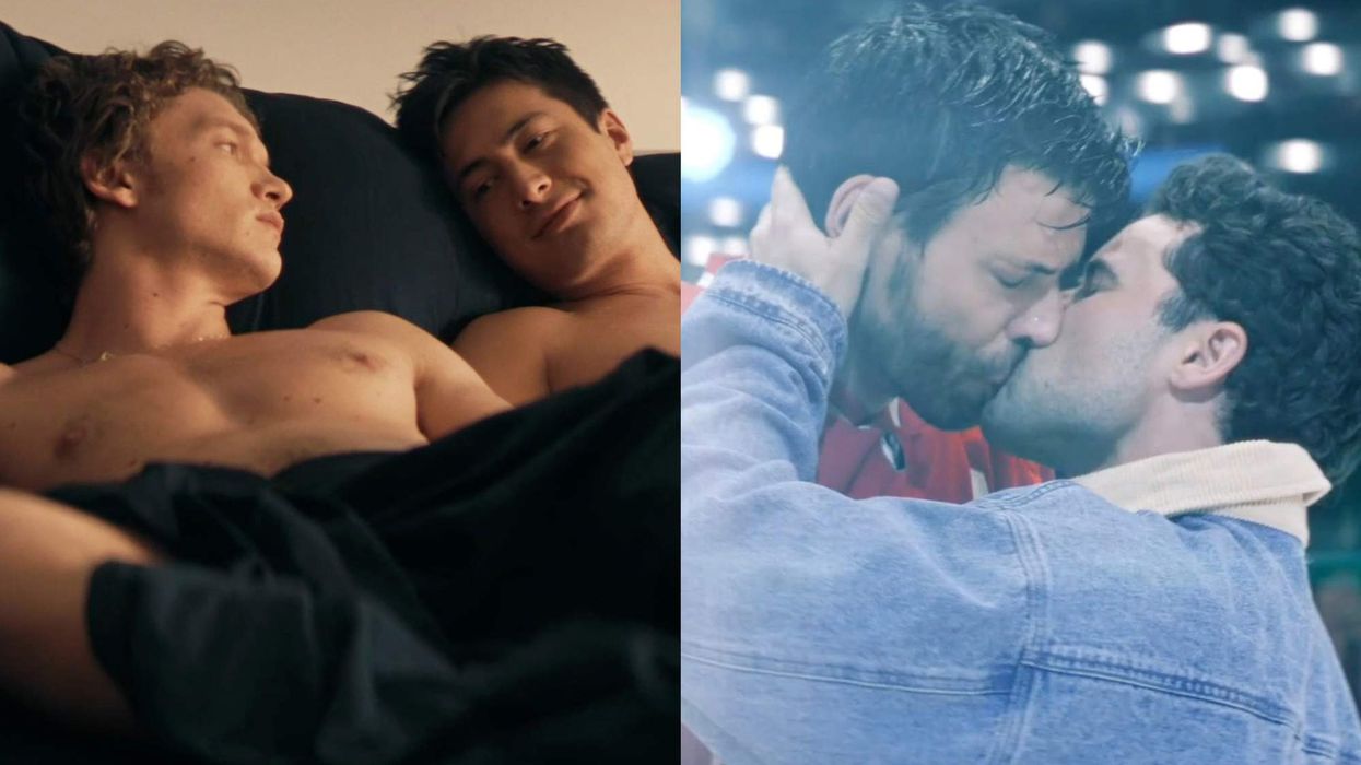 Shane Hollander and Ilya Rozanov in bed, and Scott and Kip kissing in 'Heated Rivalry.'