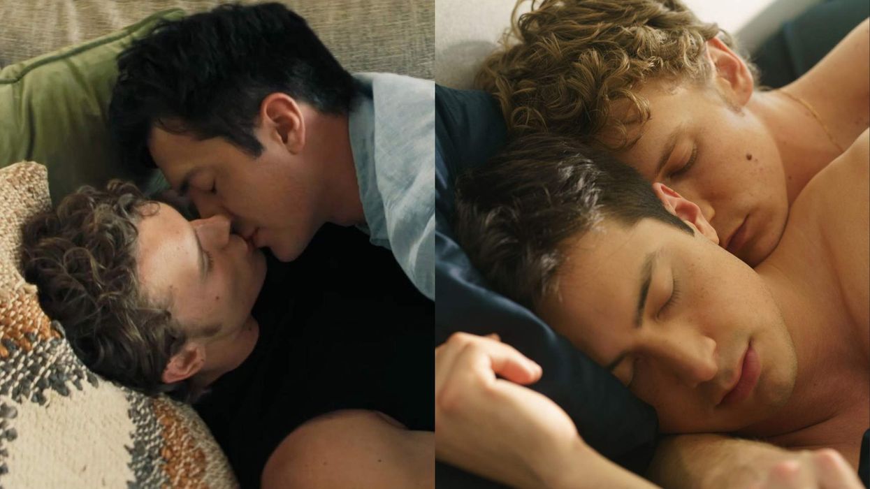Shane Hollander and Ilya Rozanov in bed, and Scott and Kip kissing in 'Heated Rivalry.'