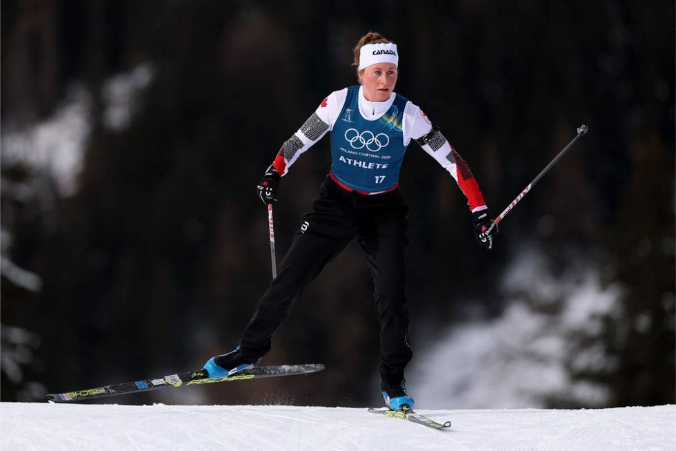 Shilo Rousseau of Team Canada in action during a training session on day one of the Milano Cortina 2026 Winter Olympic games