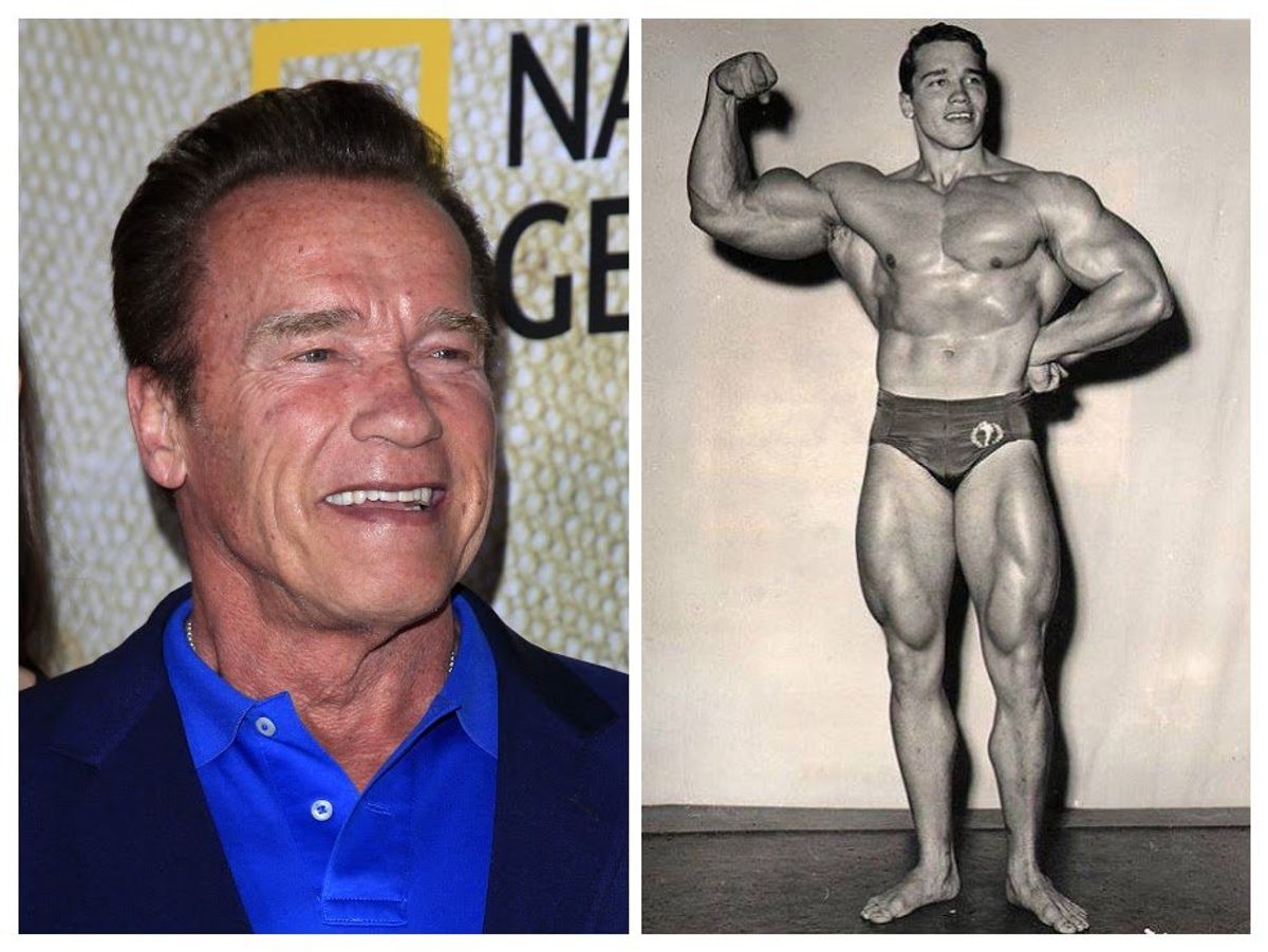 Side by side photos of Arnold Schwarzenegger