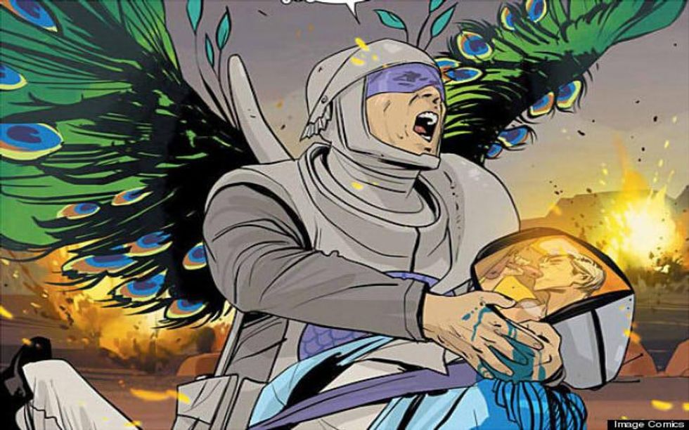 Soldier holds an injured robot prince with porno on his screen