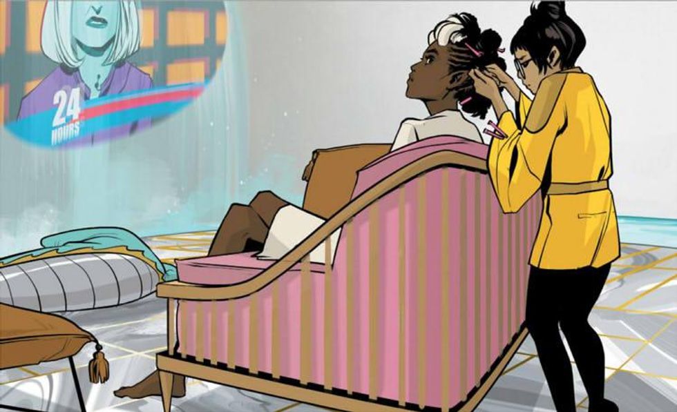 Sophie braiding Gwen's hair