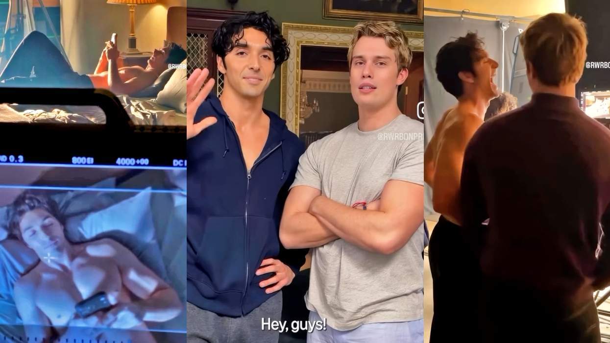 Taylor Zakhar Perez and Nicholas Galitzine on set during filming of Red, White & Royal Wedding, the upcoming sequel to 2023's Red, White & Royal Blue