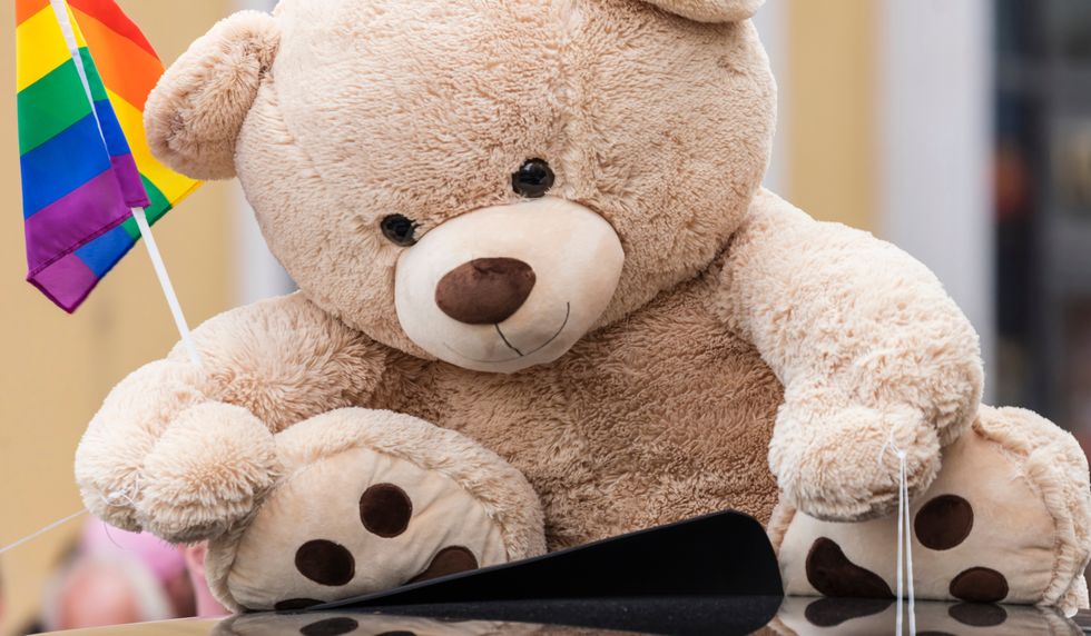 teddy bear hold a pride flag