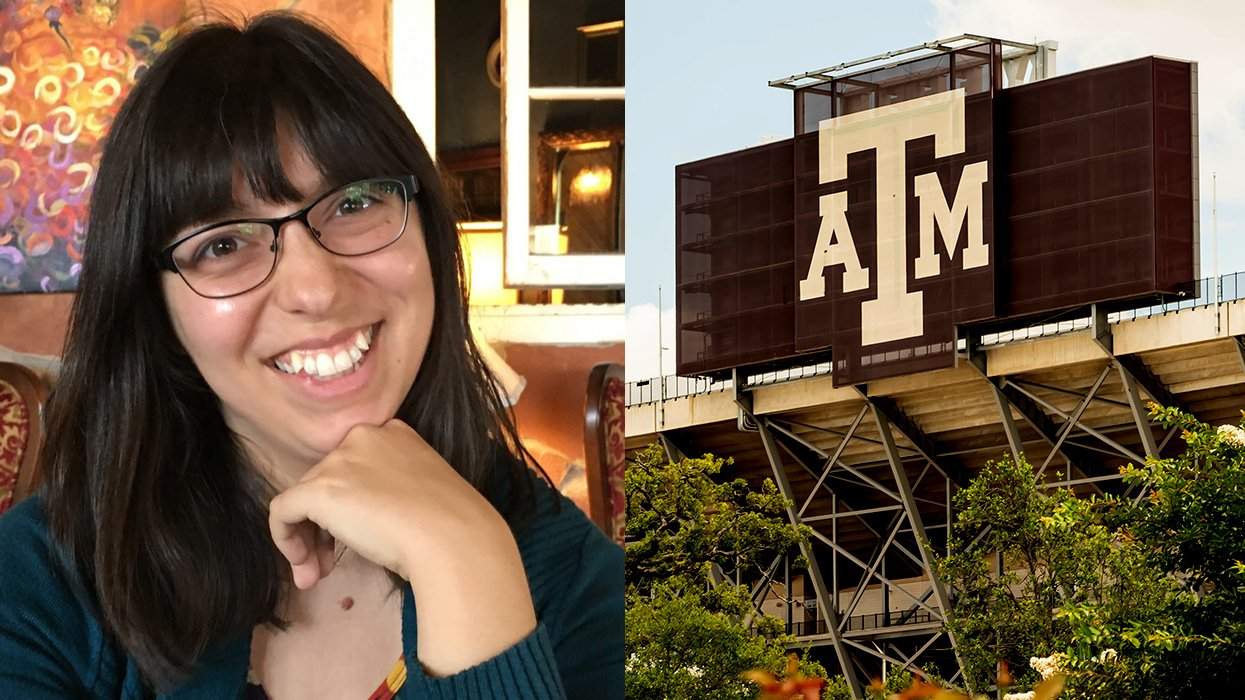Texas AM university professor Melissa McCoul and logo outside football stadium