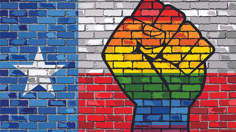 Texas state flag and rainbow fist