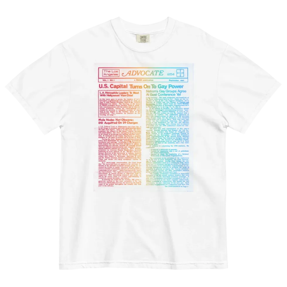 THE ADVOCATE - THE ADVOCATE'S INAUGURAL ISSUE UNISEX GARMENT-DYED HEAVYWEIGHT T-SHIRT (RAINBOW ON WHITE)