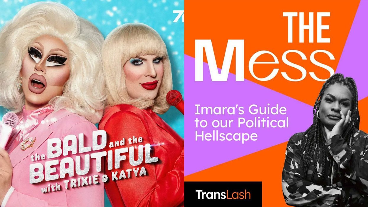 The Bald and the Beautiful with Trixie and Katya logo and The Mess logo