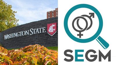 The entrance to Washington State University and the logo for the Society for Evidence Based Gender Medicine