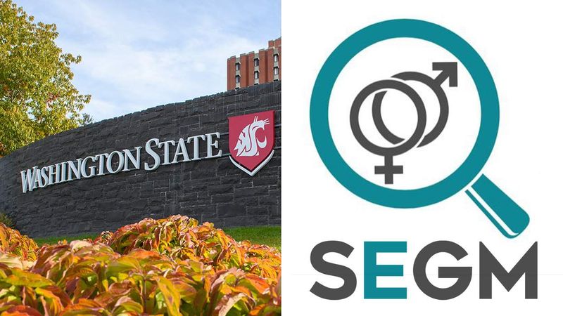 The entrance to Washington State University and the logo for the Society for Evidence Based Gender Medicine
