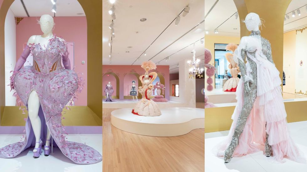 The Perfume Bottle Dress commissioned by Kandy Muse, 2019; An overview of the exhibit featuring Diego Montoya's work; Crystal catsuit with half-gown commissioned by Blair St. Clair, 2019
