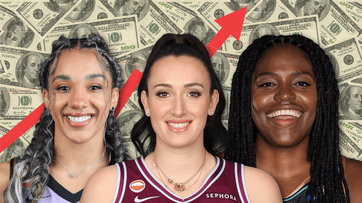 Three women smiling with a background of dollar bills and a red upward arrow.