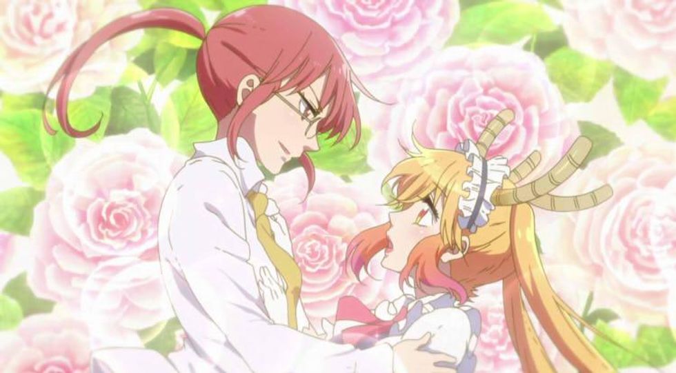 Tohru and Kobayashi staring adoringly into each others eyes with roses in the background