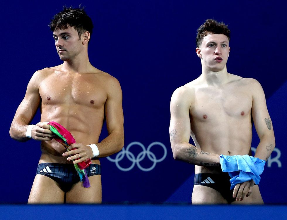 Tom Daley and Noah Williams of Team Great Britain practice during a diving training session ahead of the Paris Olympic Games