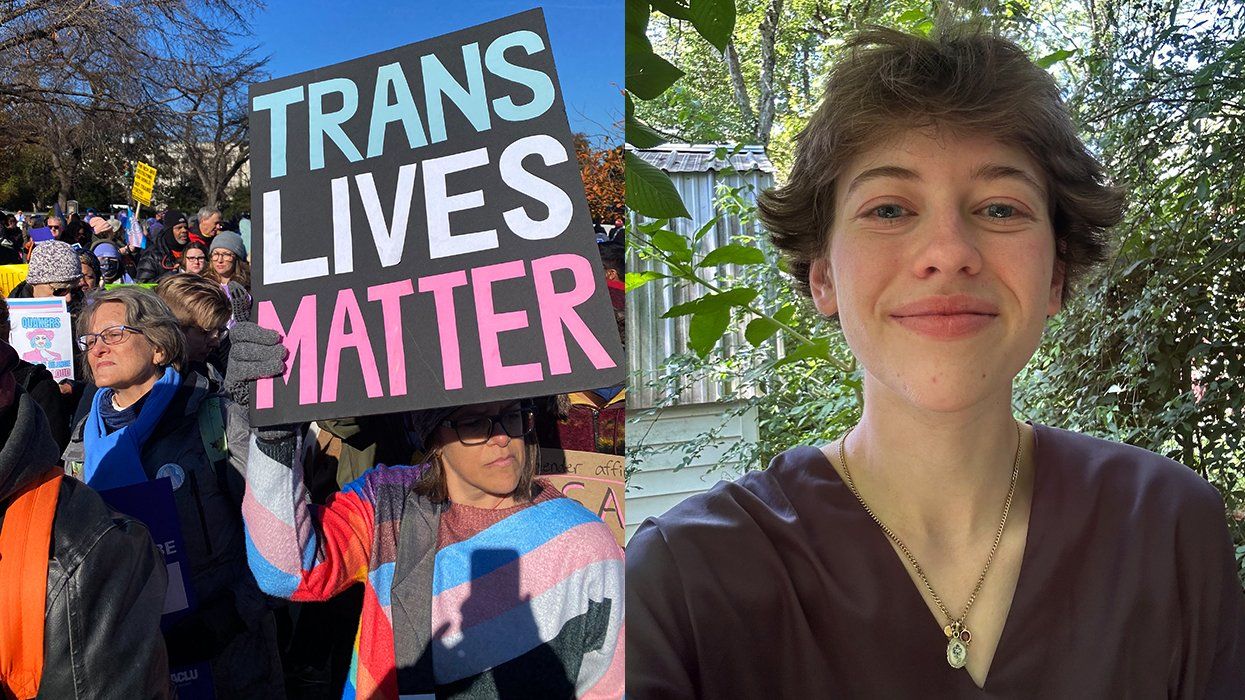 Transgender advocates protest outside the US Supreme Court during oral arguments in US v Skrmetti alongside author Liliana Stinson