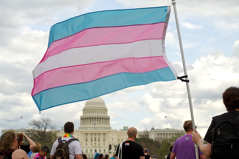 transgender pride flag waves at Trans Day of Visibility rally on the National Mall in front of the US Capitol building