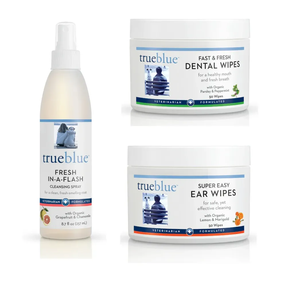 TrueBlue Bundle: Fresh in a Flash Cleansing Spray + Fast and Fresh Dental Wipes + Super Easy Ear Wipes available on ThePrideStore.com