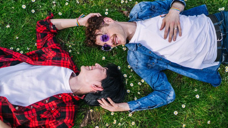 Two gay men laying in a field of daisies
